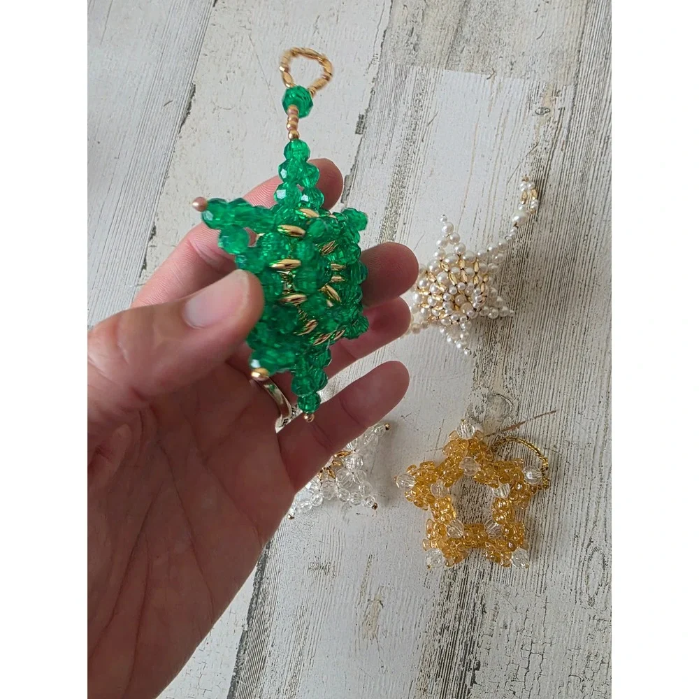 Beaded star ornament green gold pearls Xmas tree